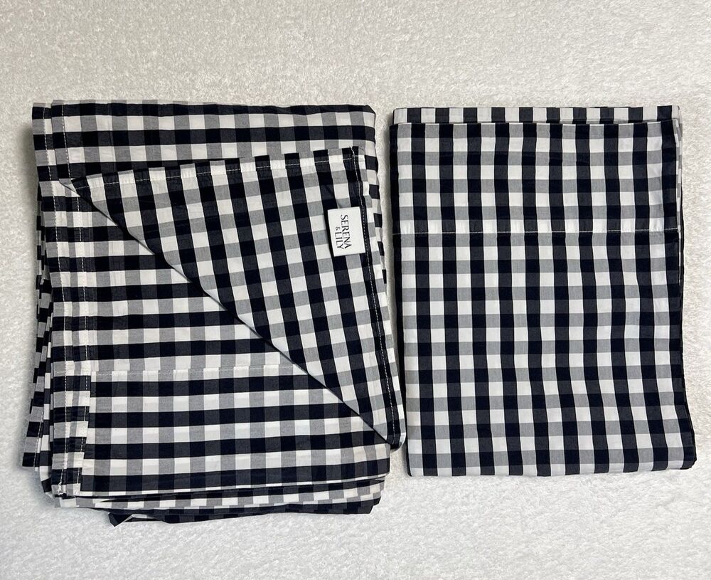 Serena & Lily Full Flat Sheet Pillow Case Set Gingham Navy White Buffalo Check